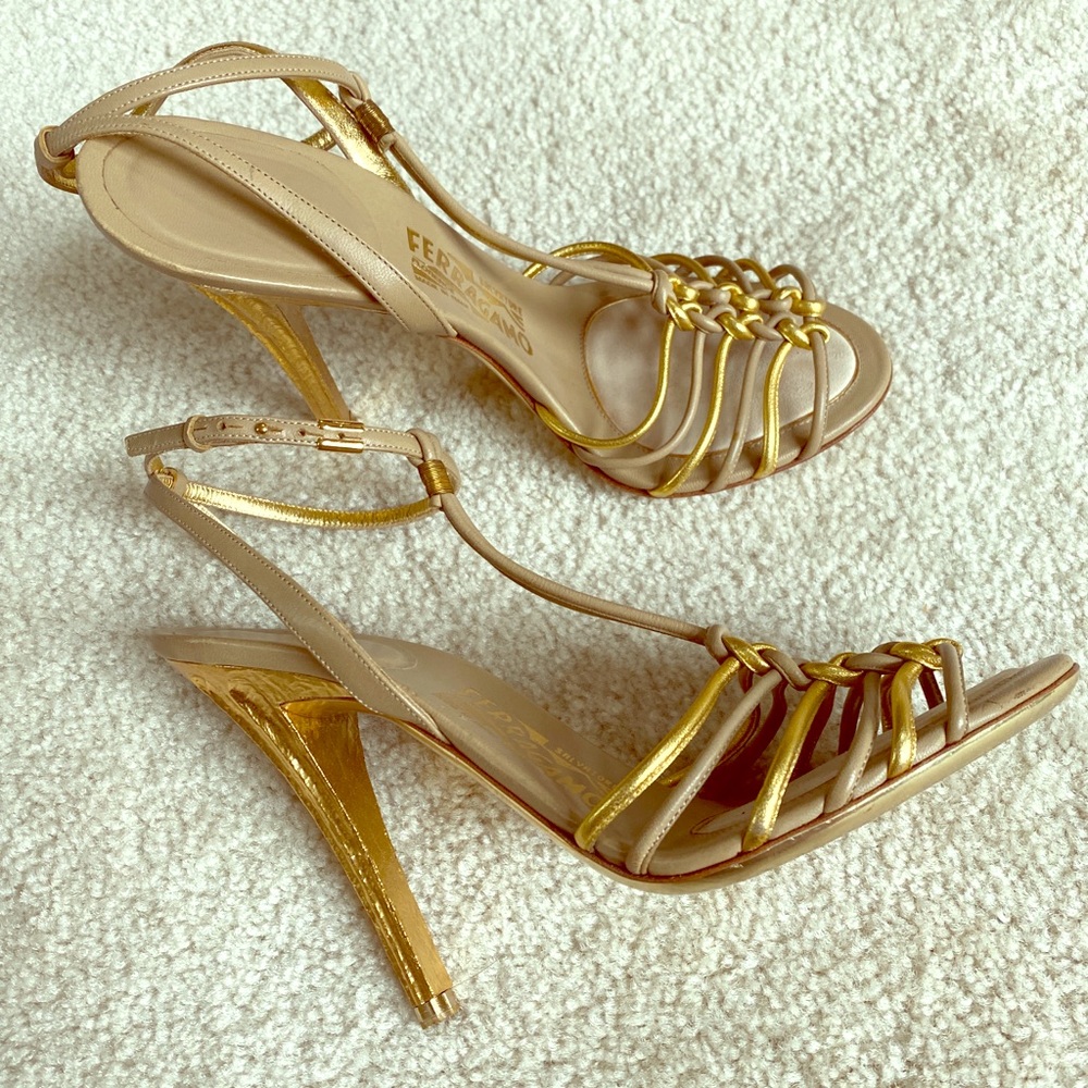 Salvatore Ferragamo Nude/Gold Sandals.